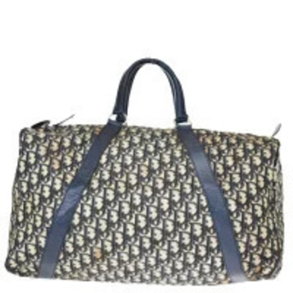 Christian Dior Trotter Handbag Boston Navy Blue Canvas Leather
